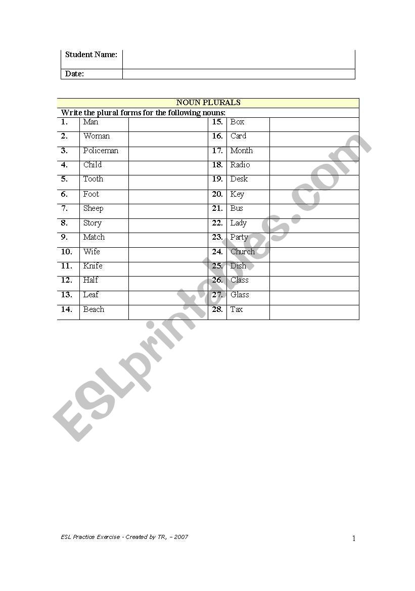 Plural Nouns worksheet