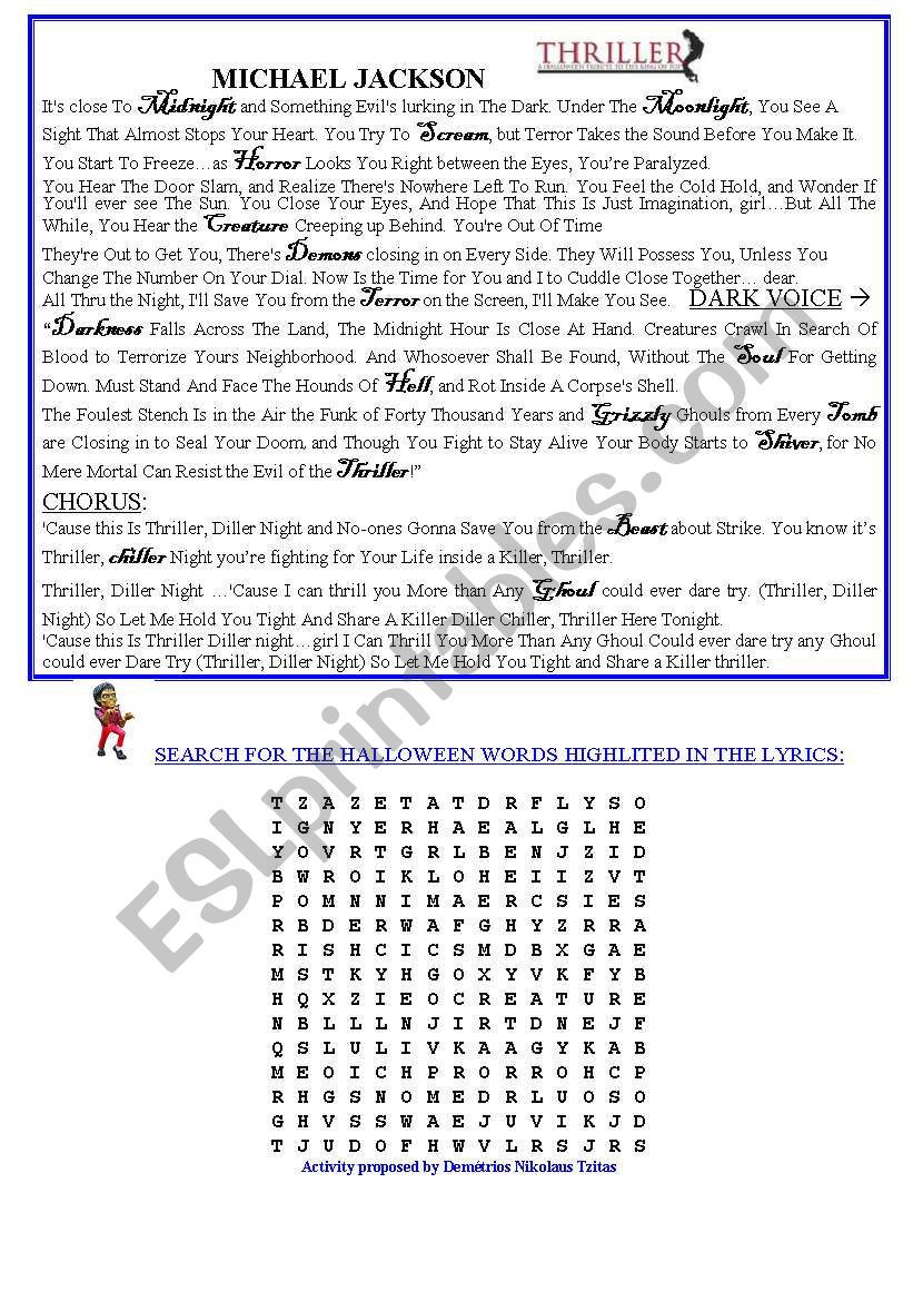 Michael Jackson song: THRILLER - WORDSEARCH