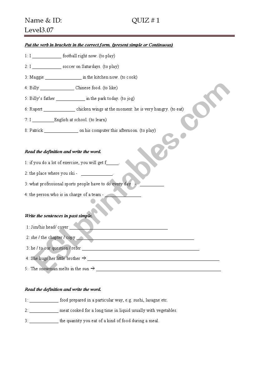 Quiz for level 3 studnets worksheet