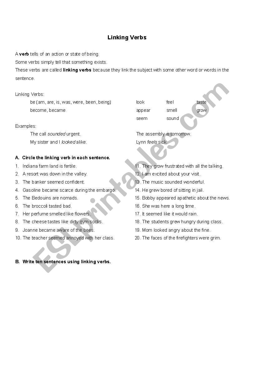 Linking verbs worksheet