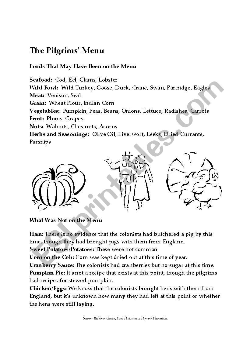 The Pilgrims Menu worksheet