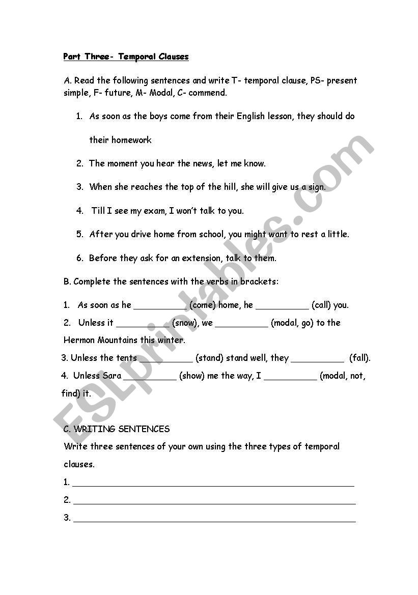 temporal Clauses worksheet
