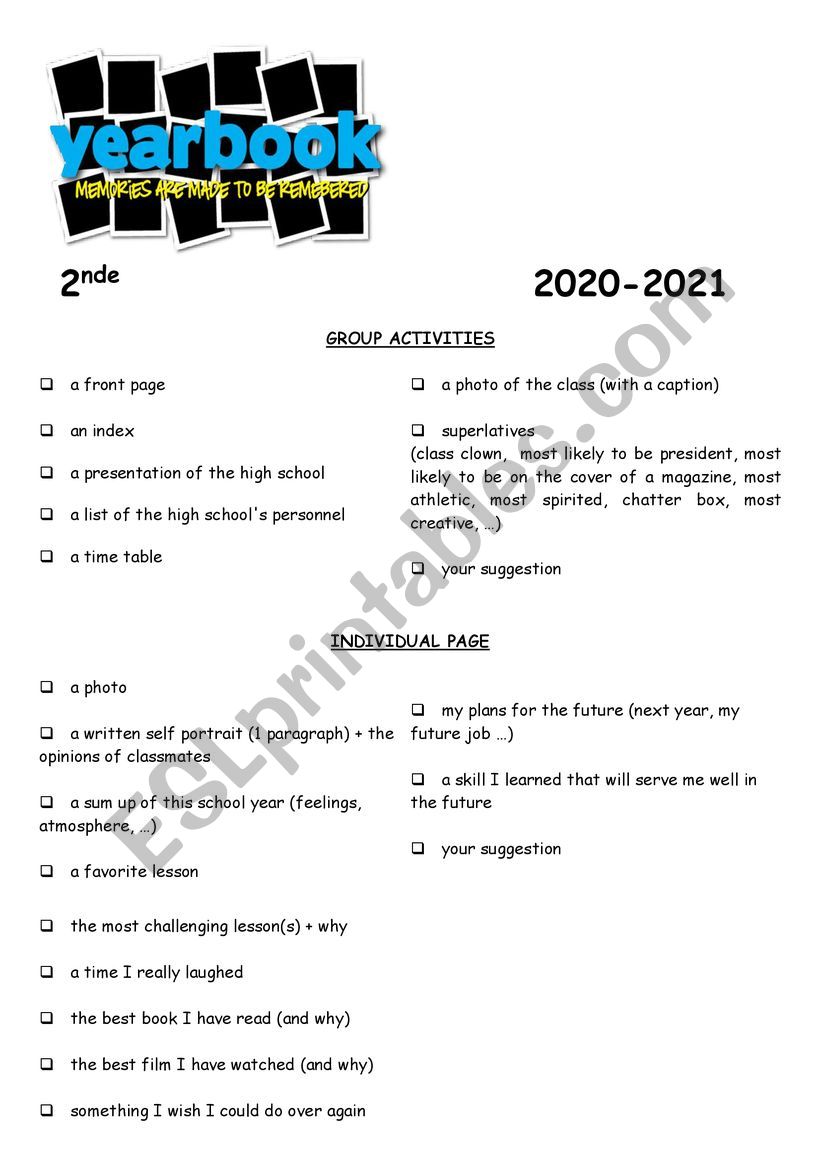 Yearbook activity worksheet