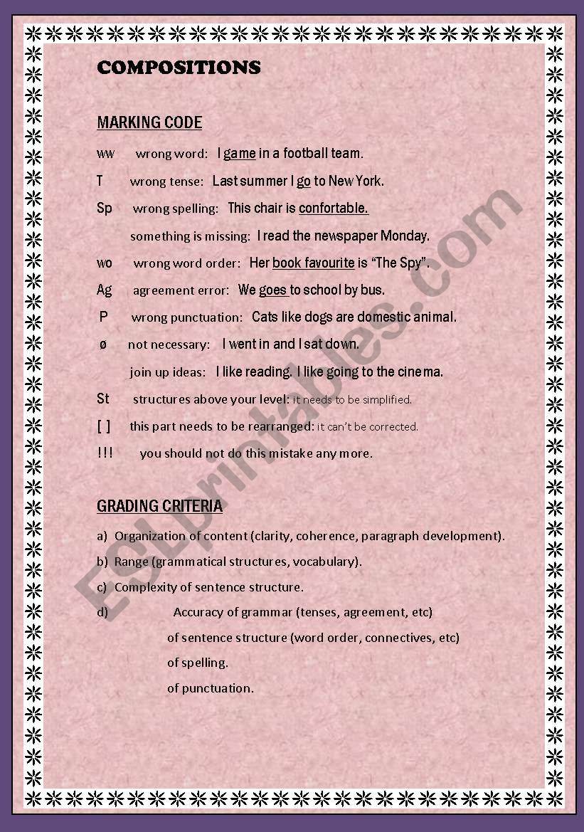 Compositions marking code worksheet