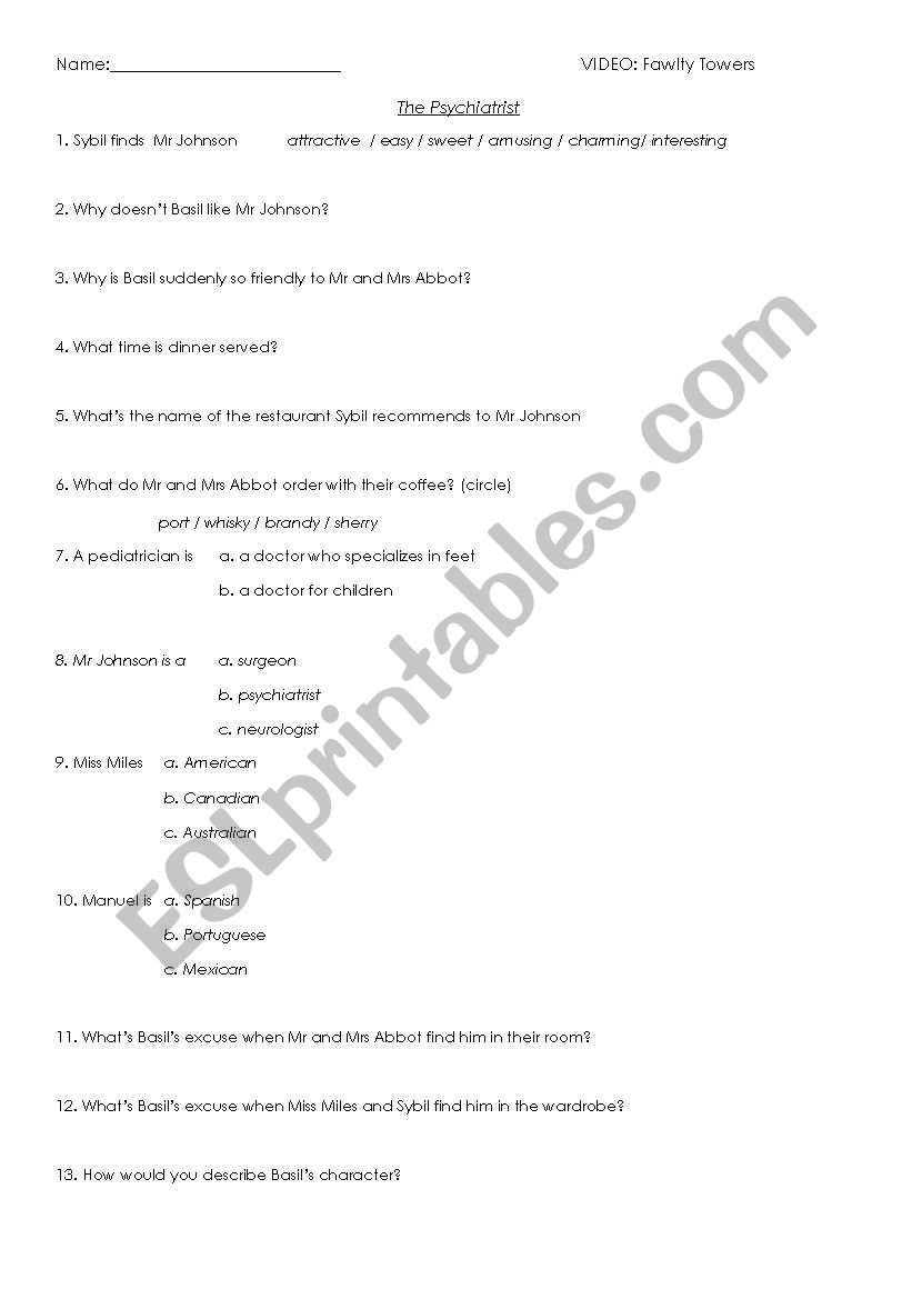 Fawlty Towers - The Psychiatrist - questionnaire