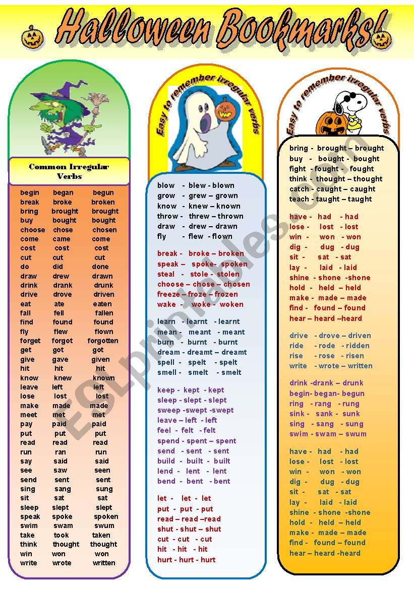 SUPER HALLOWEEN BOOKMARKS! - bookmarks with common irregular vberbs and irregular verbs divided into groups easy to remember (5 bookmarks)
