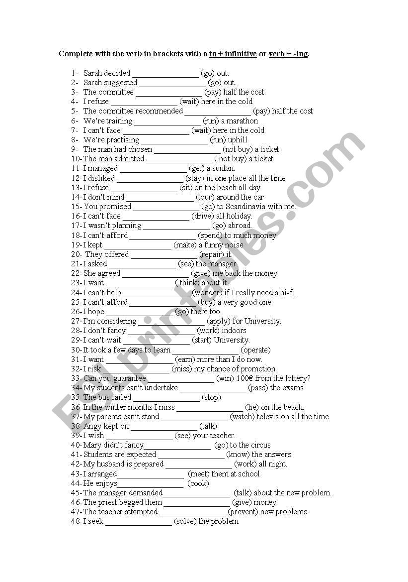 Gerunds and infinitives worksheet