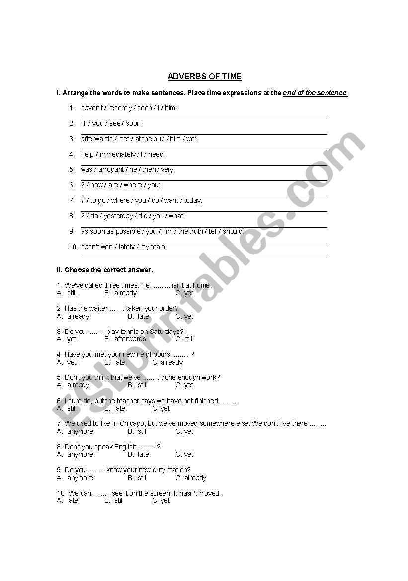 time adverbs worksheet