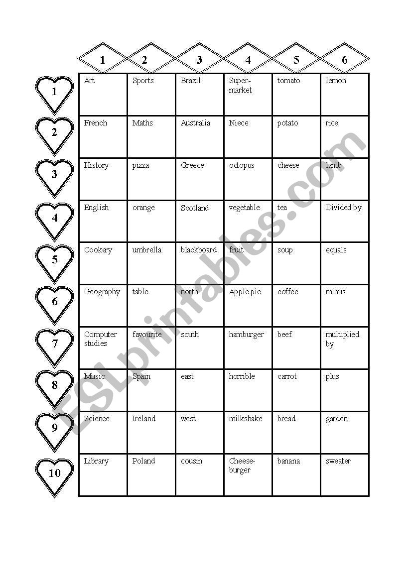 Bingo game worksheet