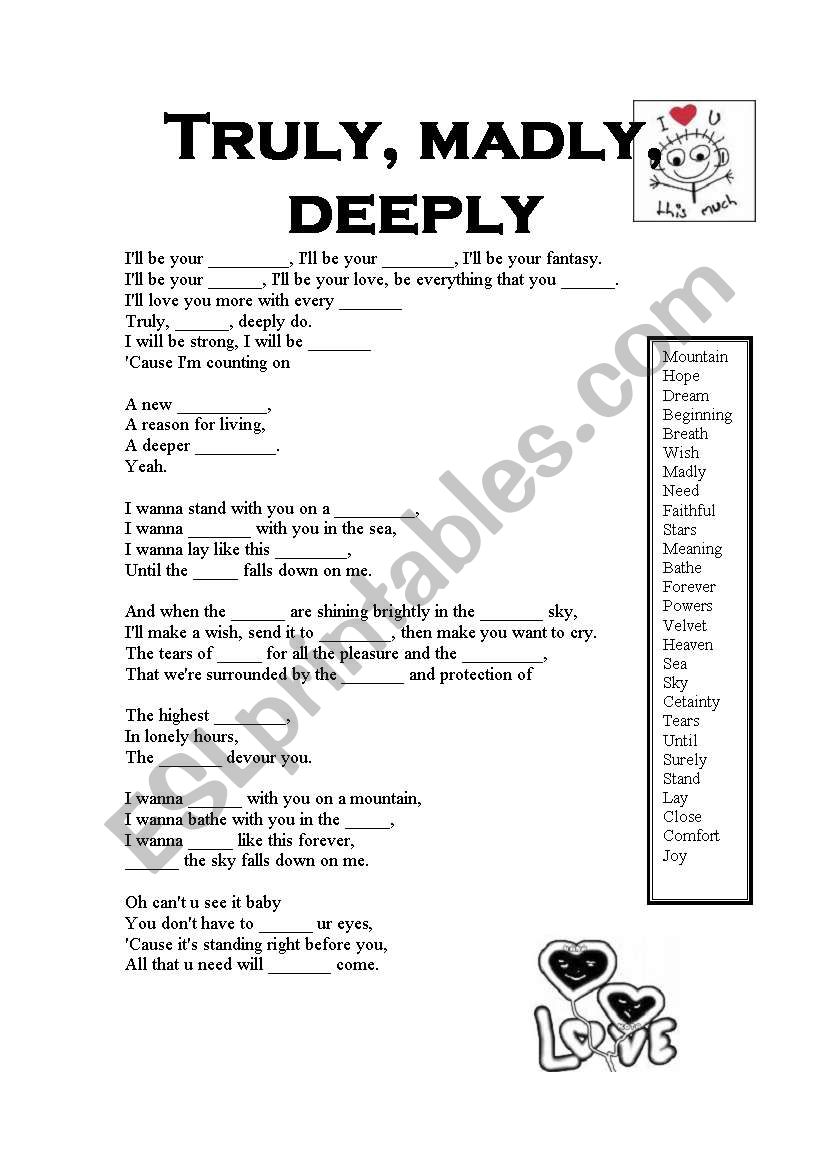 Truly, madly, deeply worksheet