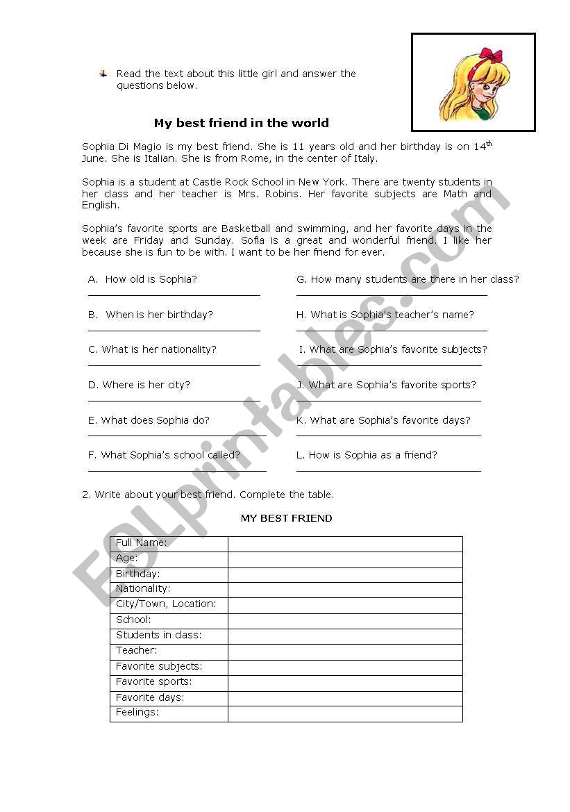 My Best Friend worksheet