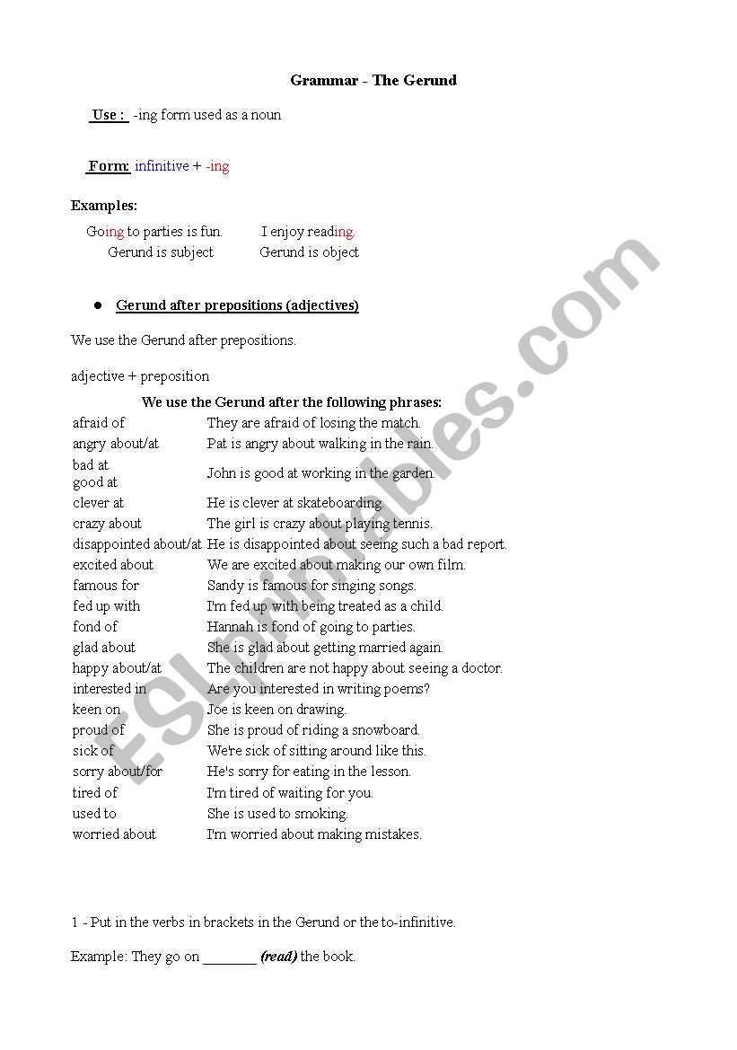 The gerund and Infinitive worksheet