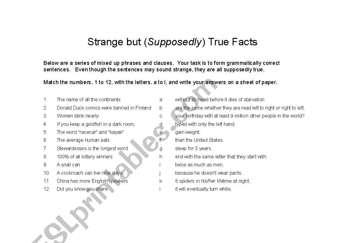 Strange But True Facts worksheet