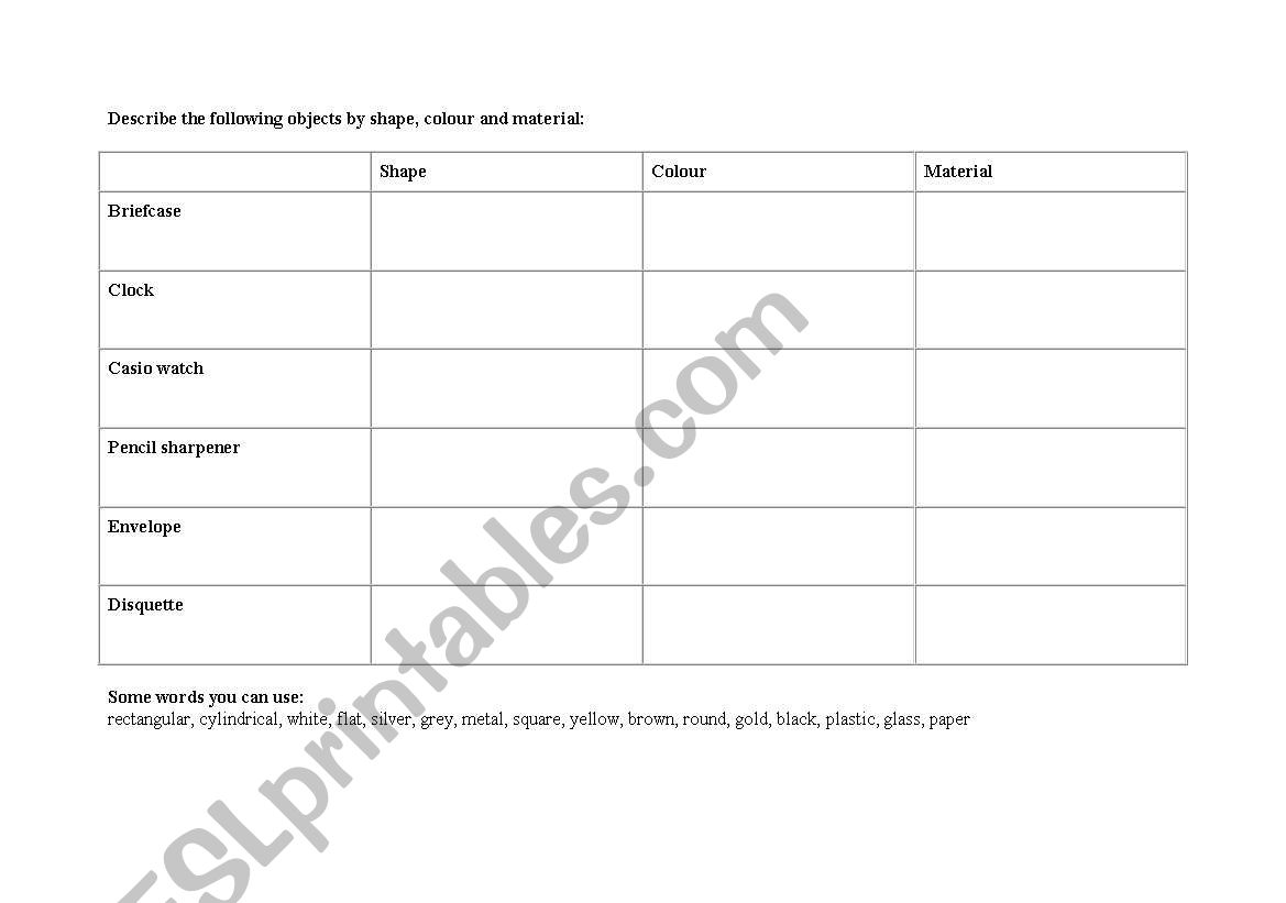 describing things worksheet