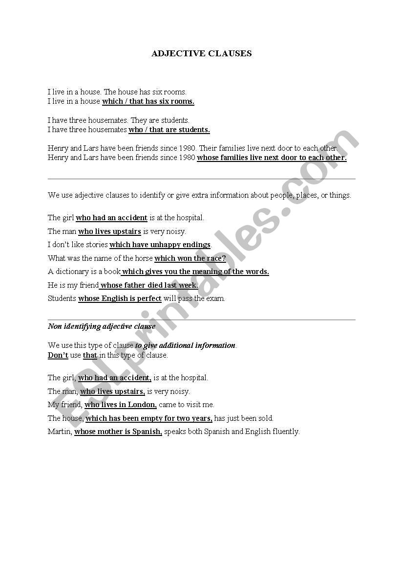 adjective clauses worksheet