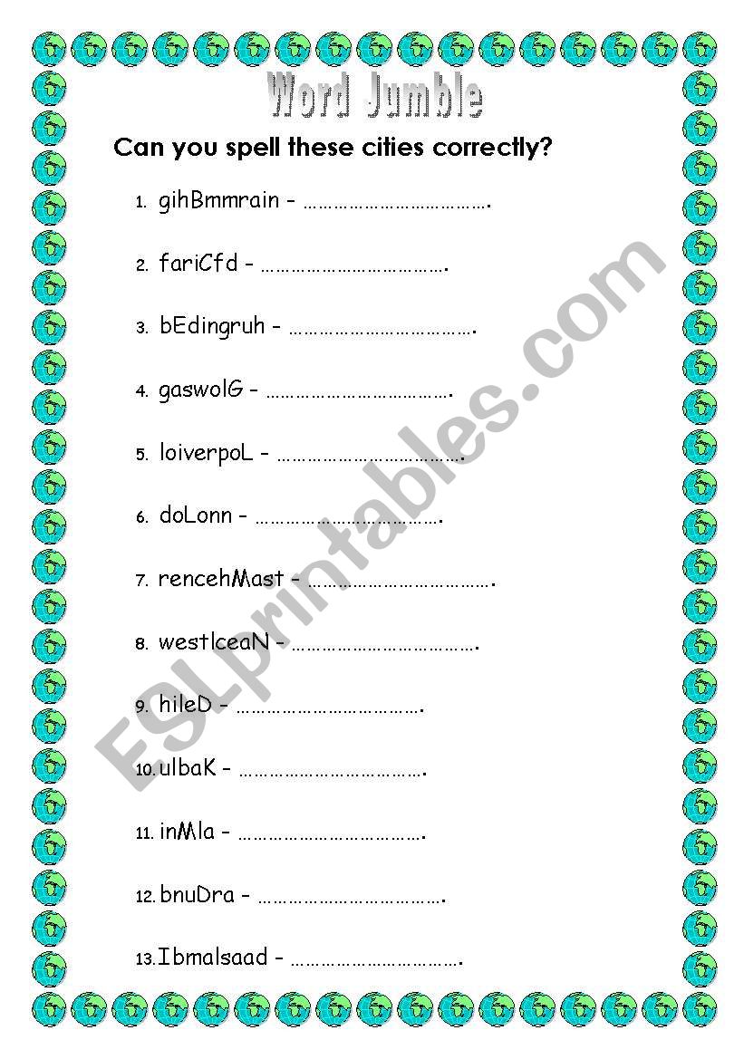 Unscramble the names of cities - Spellings