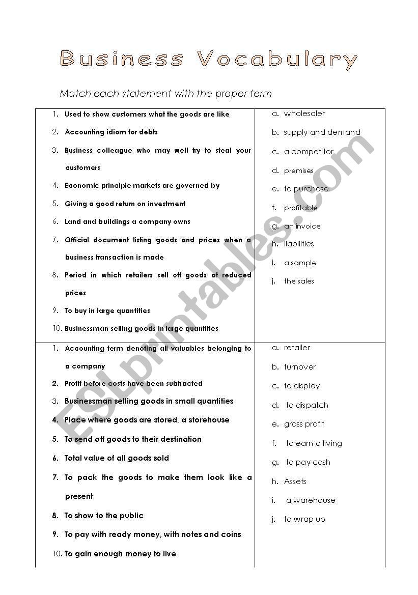 Business Vocabulary worksheet