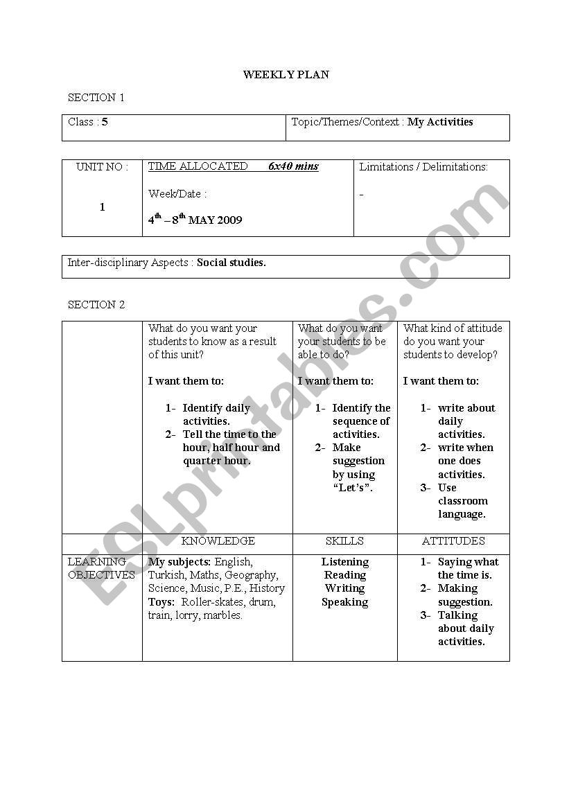 weekly plan for my activities worksheet