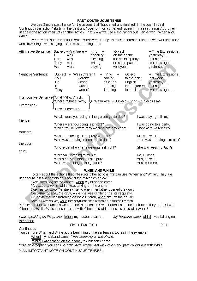 SIMPLE PAST&PAST CONTINUOUS - WHEN AND WHILE  WORKSHEET