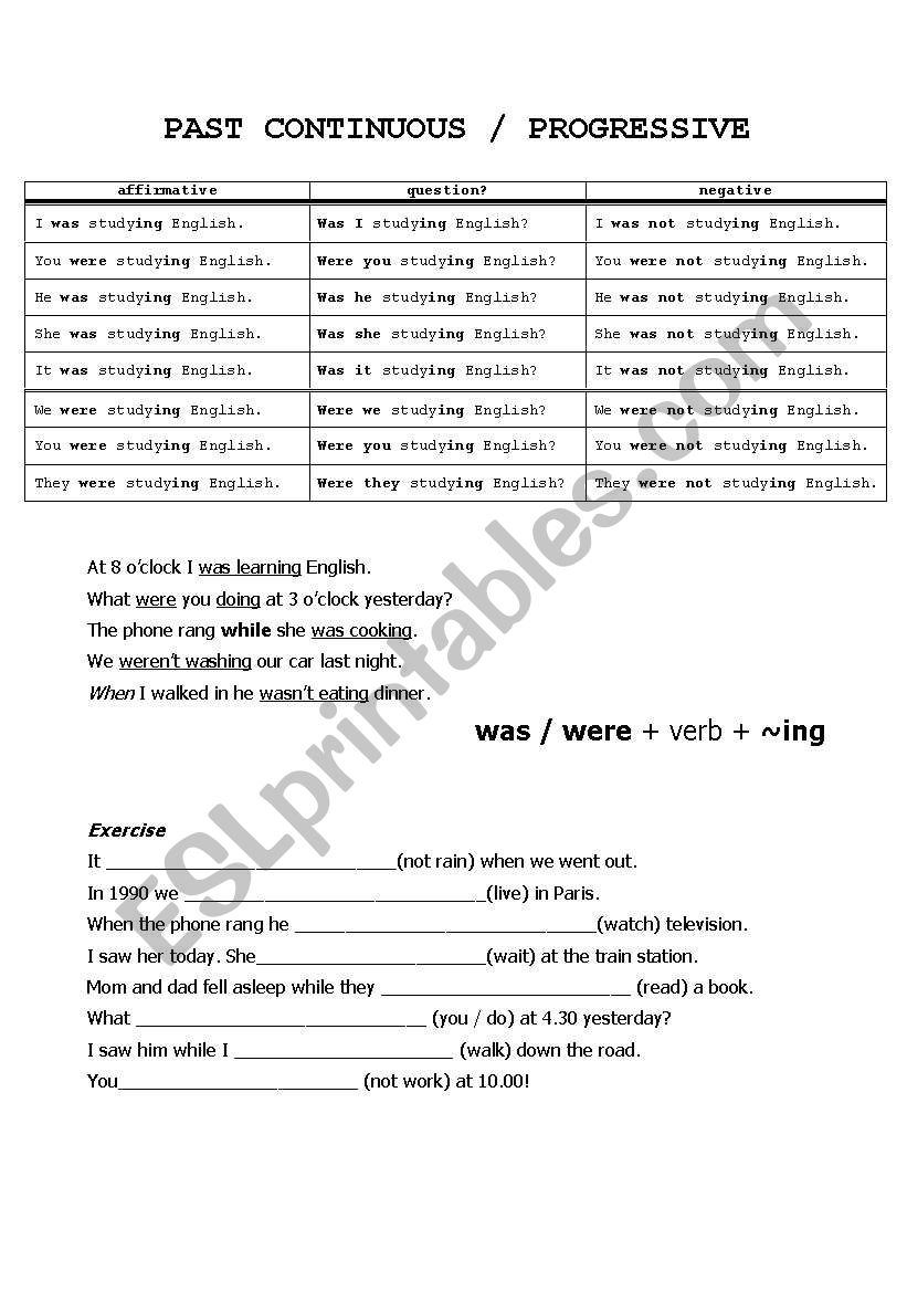 Past CONTINUOUS / progressive worksheet