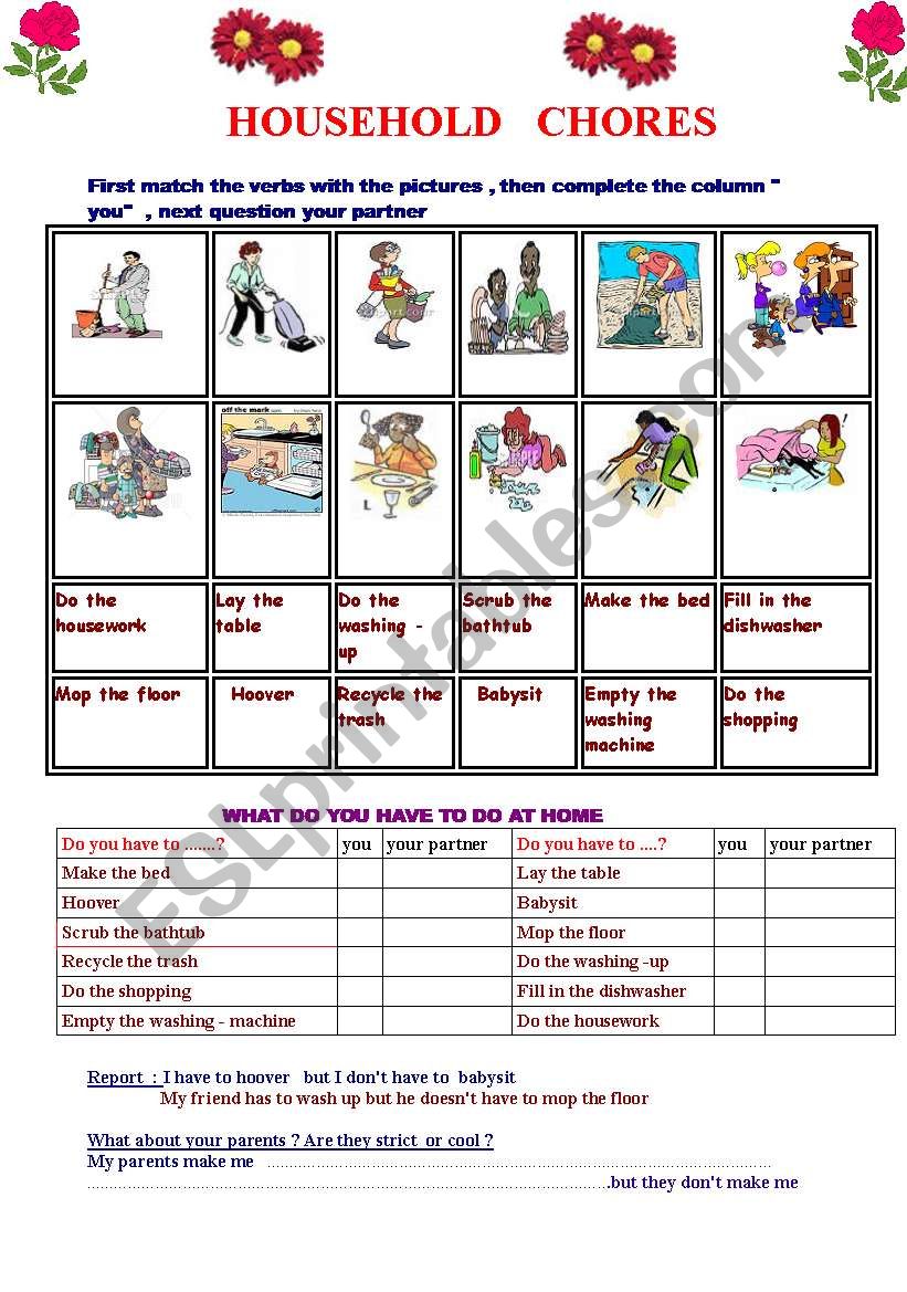 Household chores : obligations ( have to / has to ) non obligation ( donÂ´t have - doesnÂ´t have to )