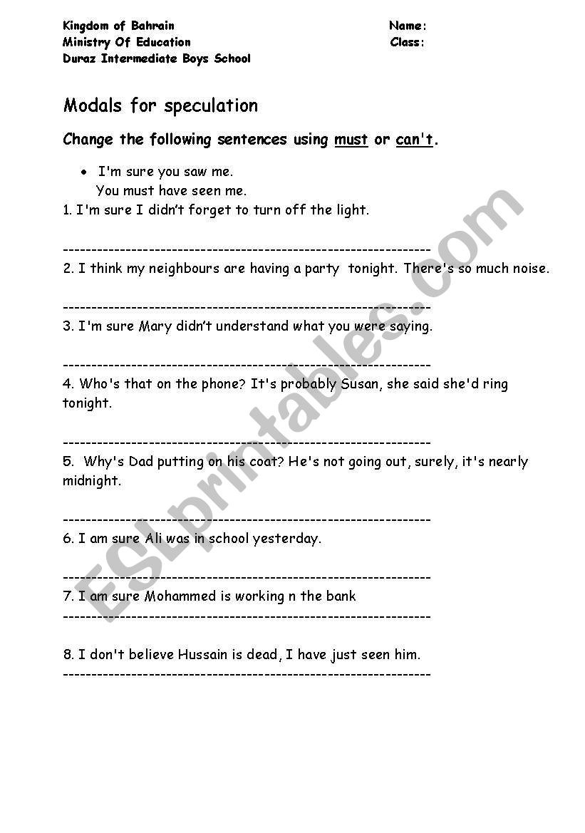 Modals for speculation worksheet