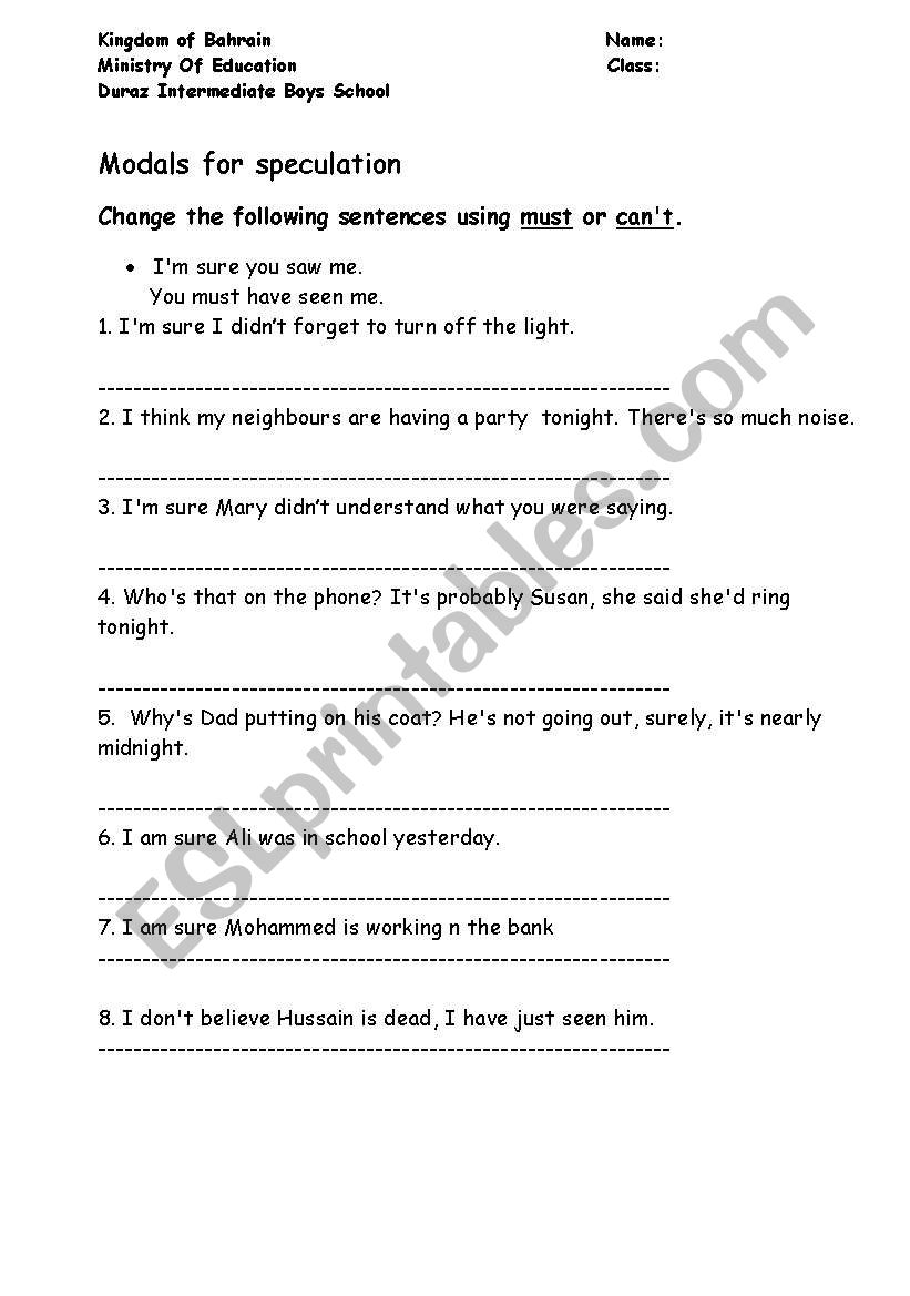 Modals for speculation worksheet