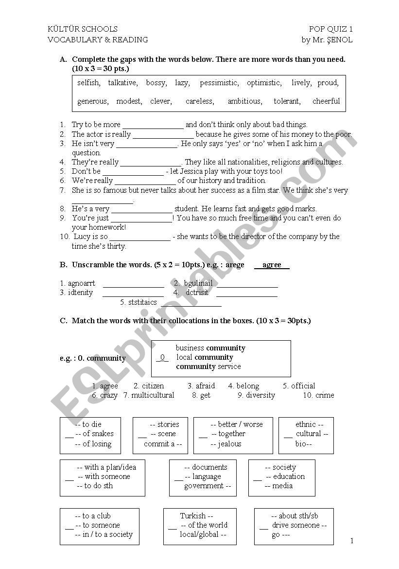 vocabulary quiz worksheet