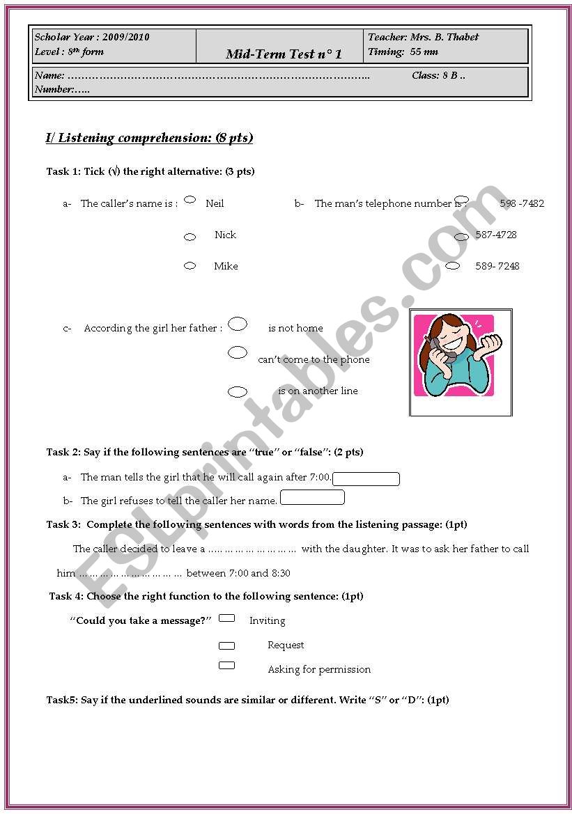 A mid-term test for 8th forms worksheet