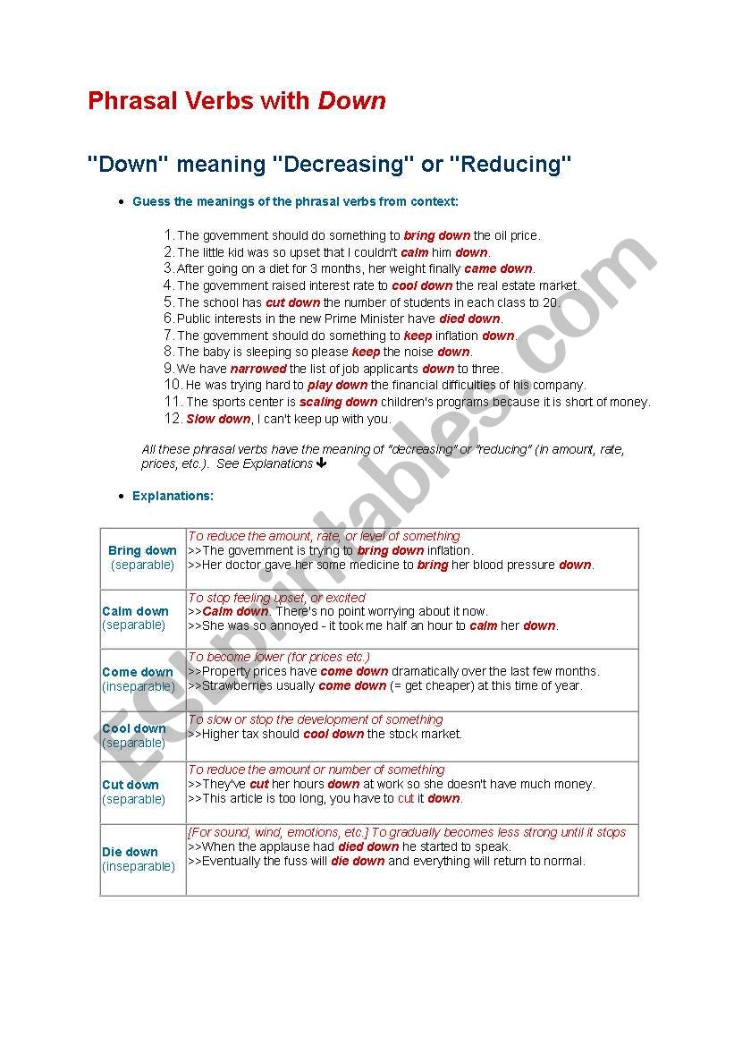 phrasal verbs with down worksheet