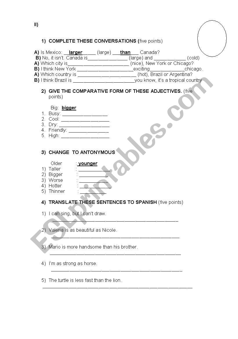 comparative test worksheet