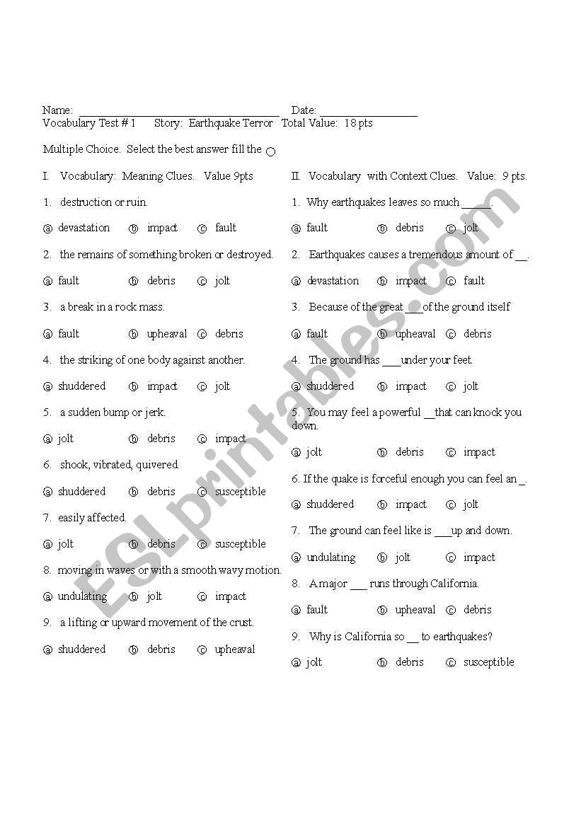 Houghton Mifflin Earthquake terror vocabulary test