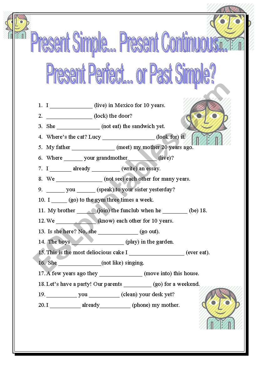 Present Perfect, Past Simple, Present Simple and Present Continuous tenses.