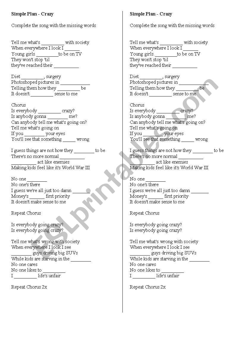 English worksheets: lyric of the song Crazy by Simple Plan