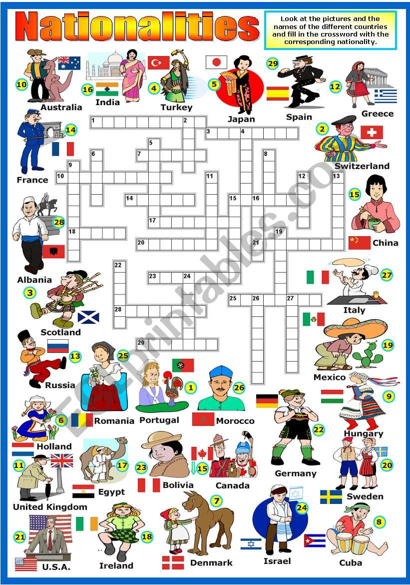 NATIONALITIES  CROSSWORD (KEY AND B&W VERSION INCLUDED)