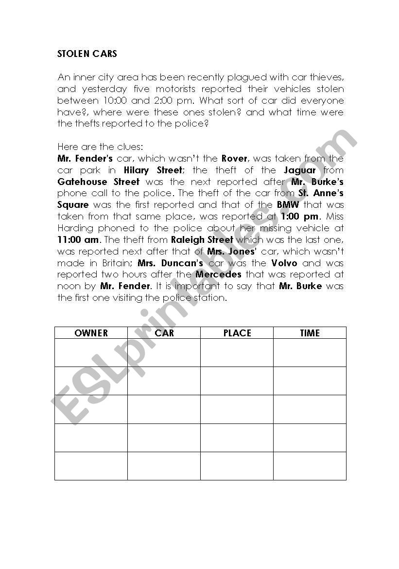 STOLEN CARS worksheet