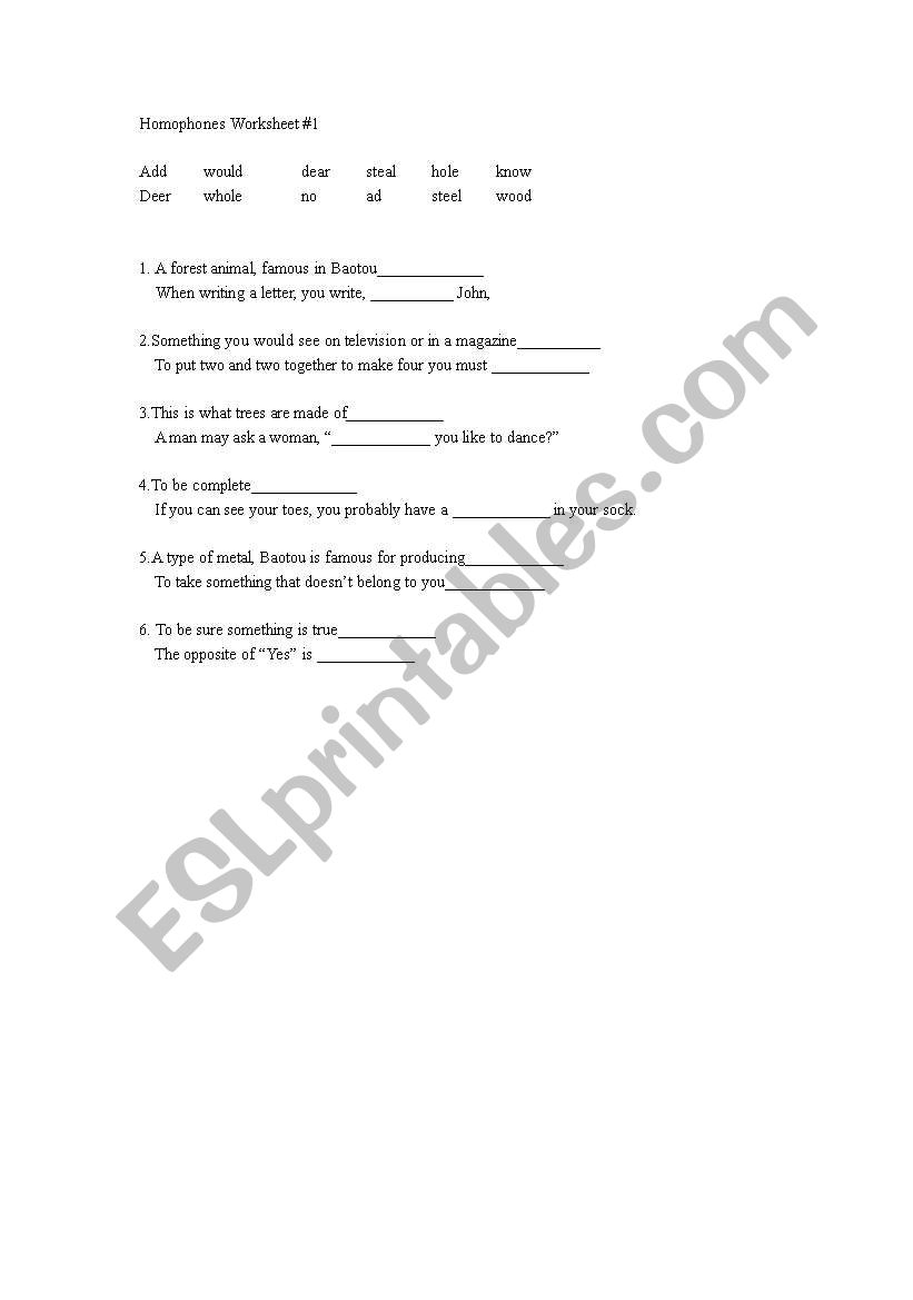 Homophones Worksheet 1 worksheet