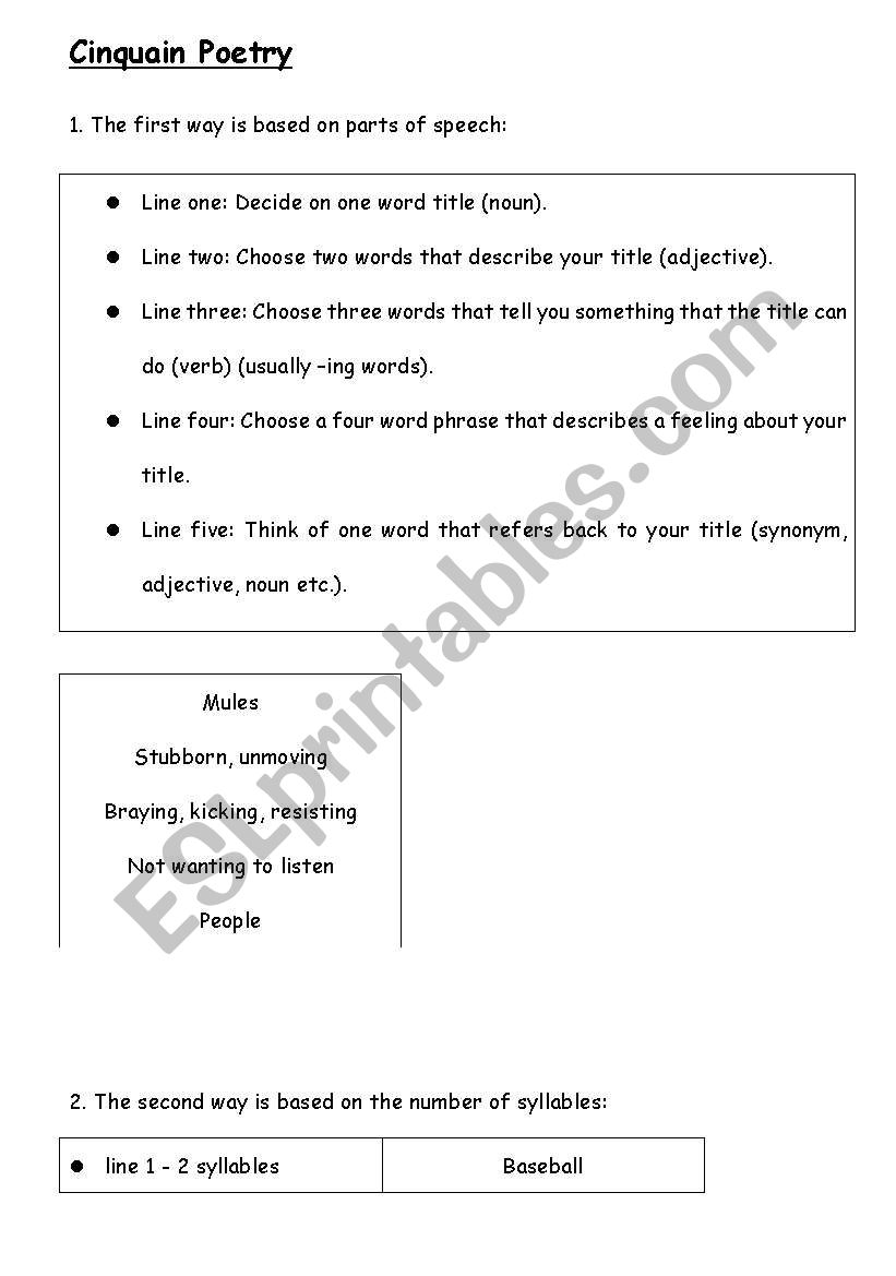 Cinquain poetry worksheet