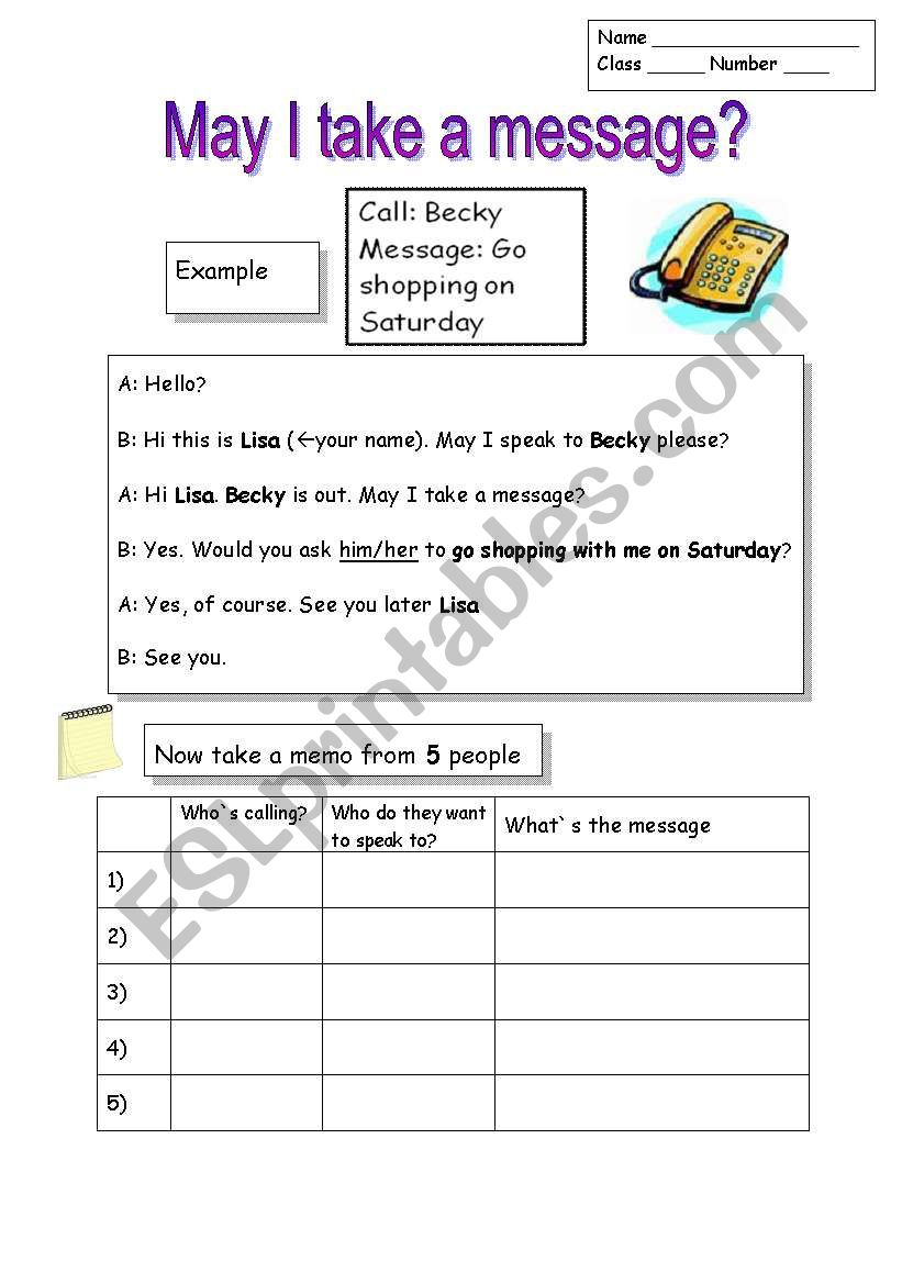 Telephone Message Taking  worksheet