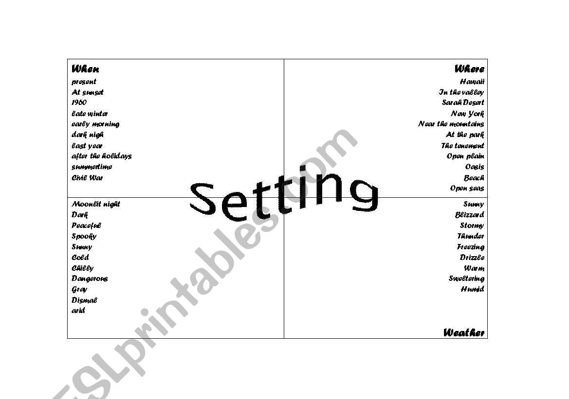 Setting Ideas and Template worksheet