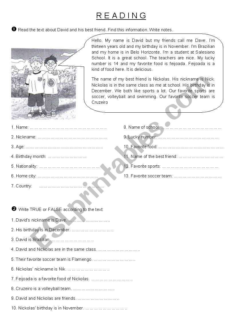 Reading worksheet