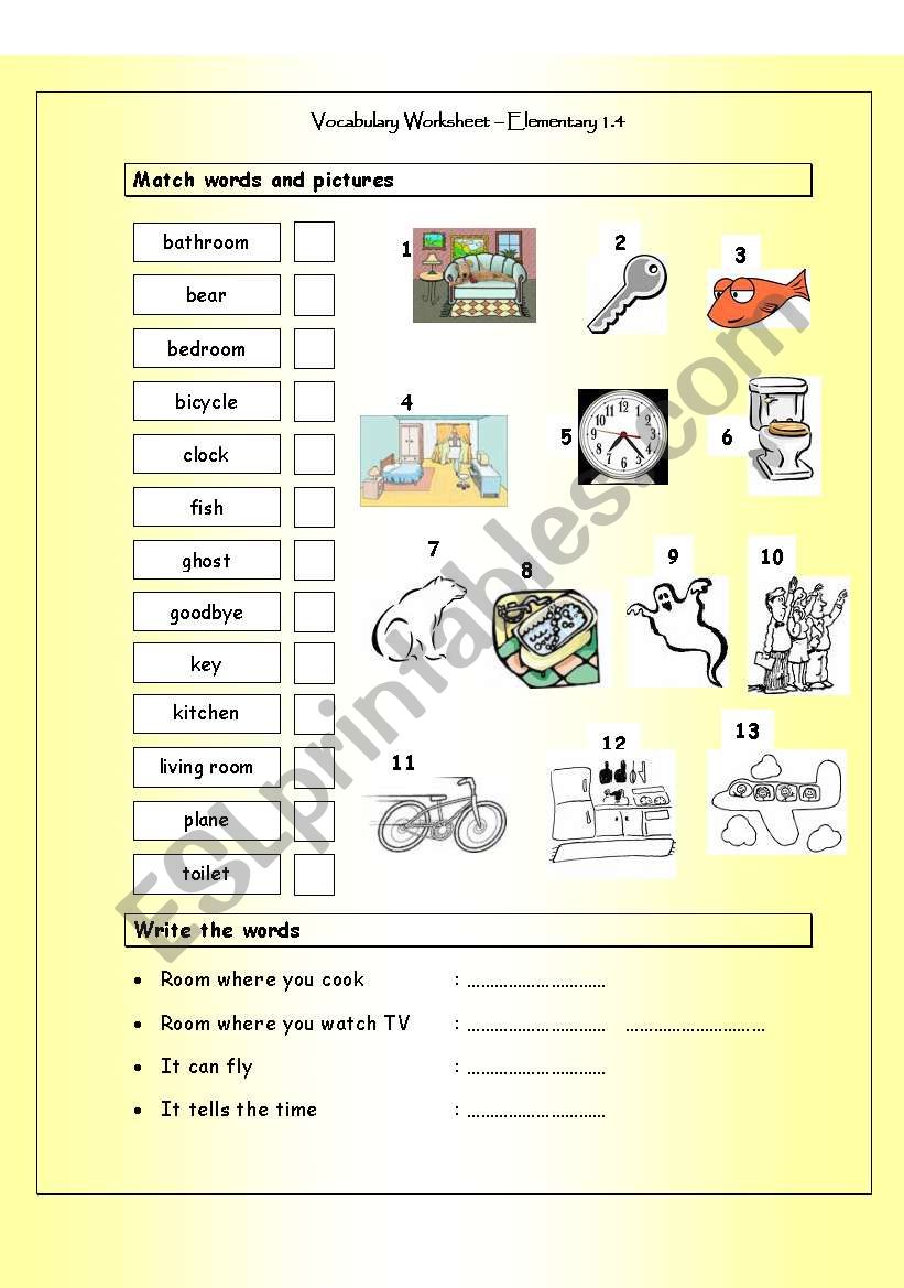 Vocabulary Matching Worksheet - Elementary 1.4
