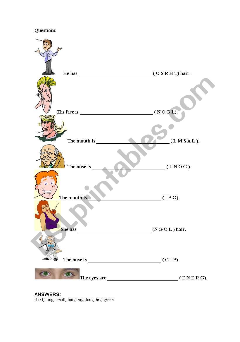 Describing face and body worksheet