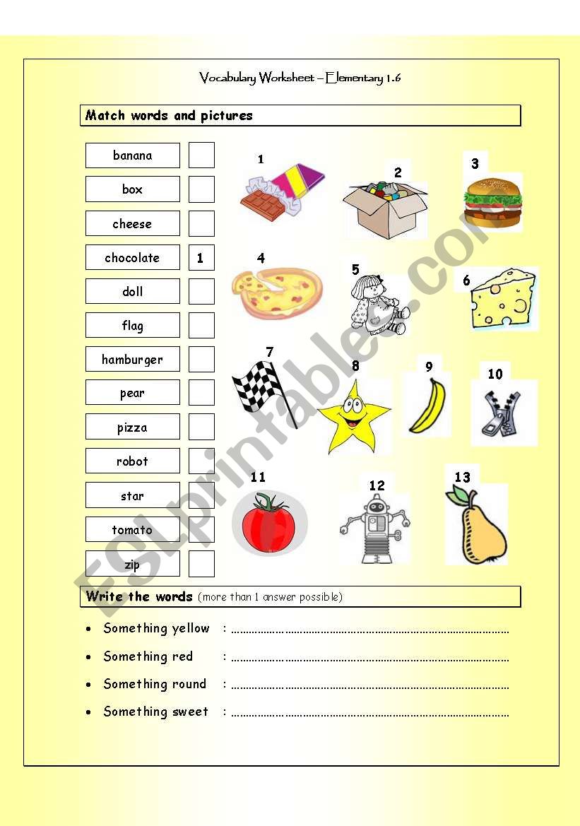 Vocabulary Matching Worksheet - Elementary 1.6