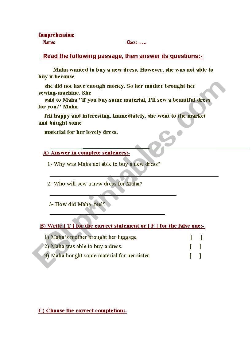 Reading worksheet