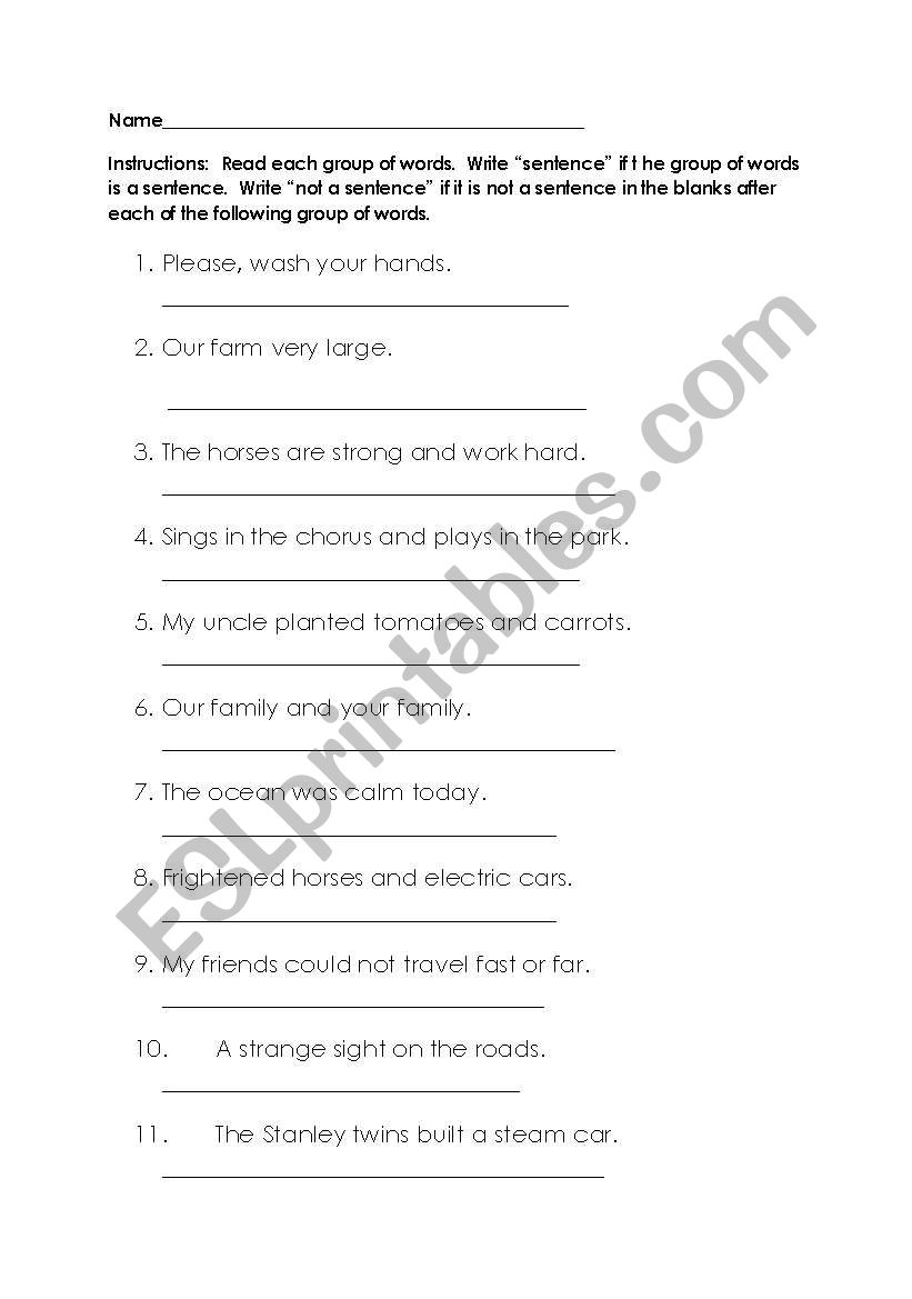 Sentences or Fragments worksheet