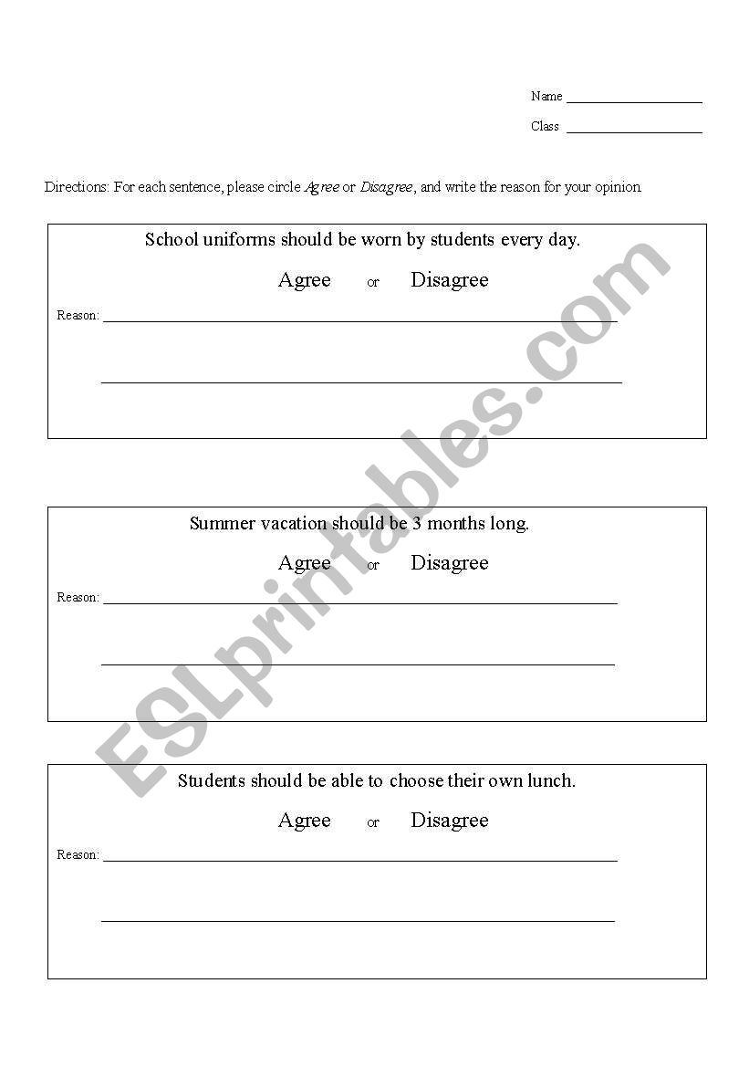 Agree or Disagree worksheet