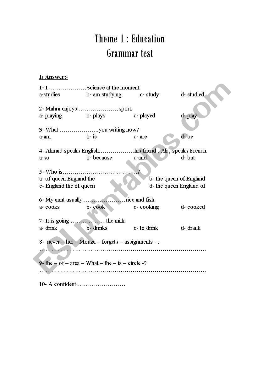 Test yourself in Grammar worksheet