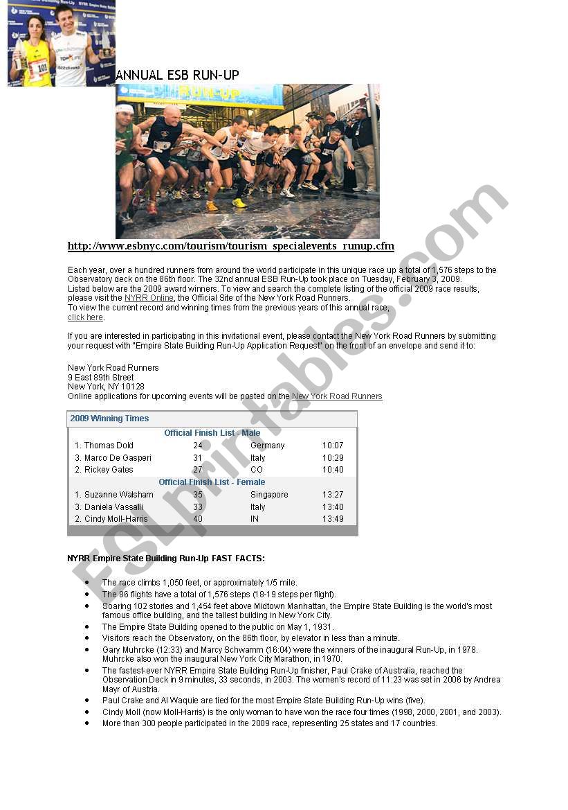 New York Road Runners worksheet