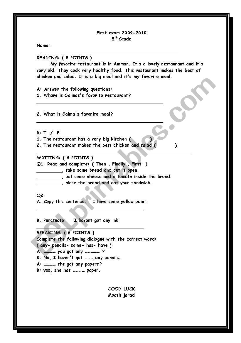 English exam worksheet